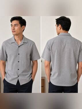 Theory Daze Men's Short-Sleeve Button-Down Shirt in Gray Micro Grid Seer Size L